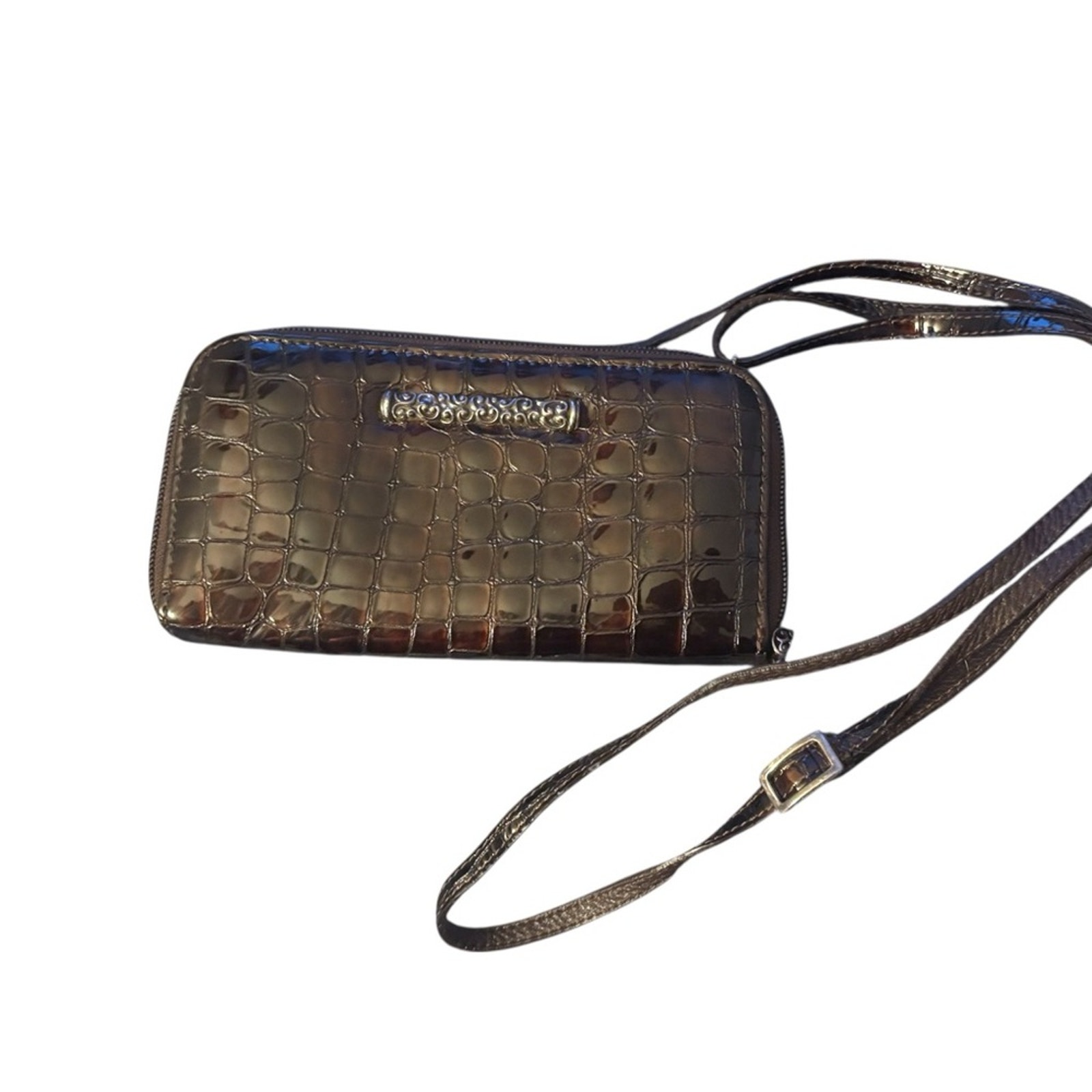 Brighton Brown Leather Cher Croc Patent Zip Wallet Clutch Crossbody
